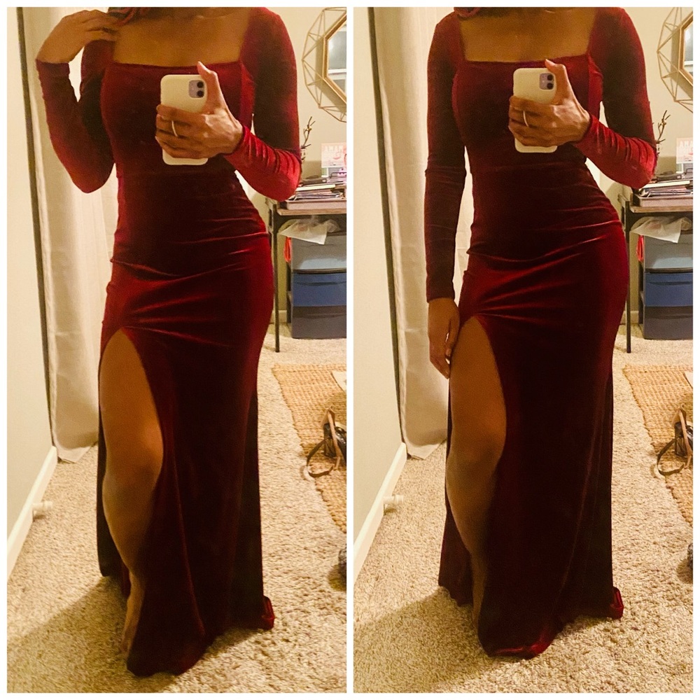 Windsor Sexy Red Velvet Maxi High Split Cocktail Formal Wedding Guest Gown